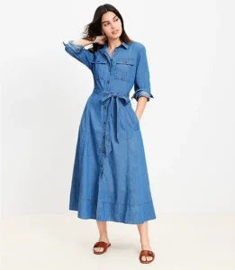 Chambray Belted Midi Pocket Shirtdress