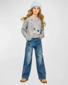 Girl's Jeans with Flower Patches, Size 4-14